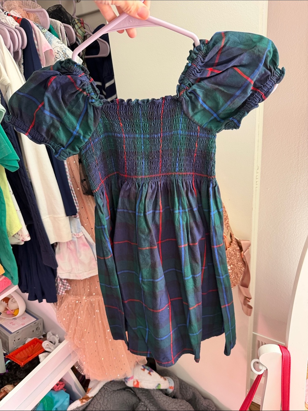 Hill House Green Plaid Puff Sleeve Smocked Dress with Red & Blue Windowpane